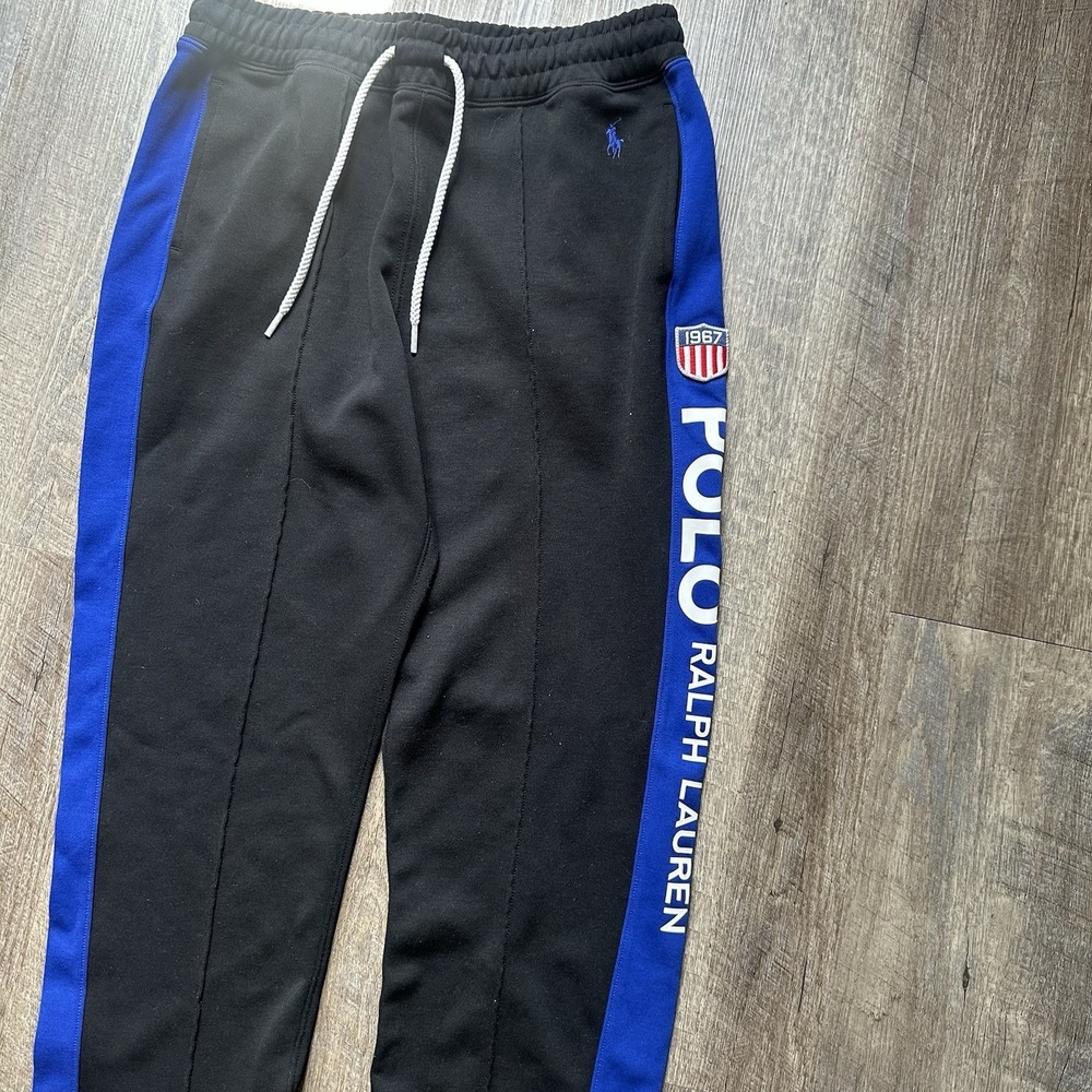 Polo Ralph Lauren 1967 Black Blue Track Racing Jogger Sweatpants Men's Size M